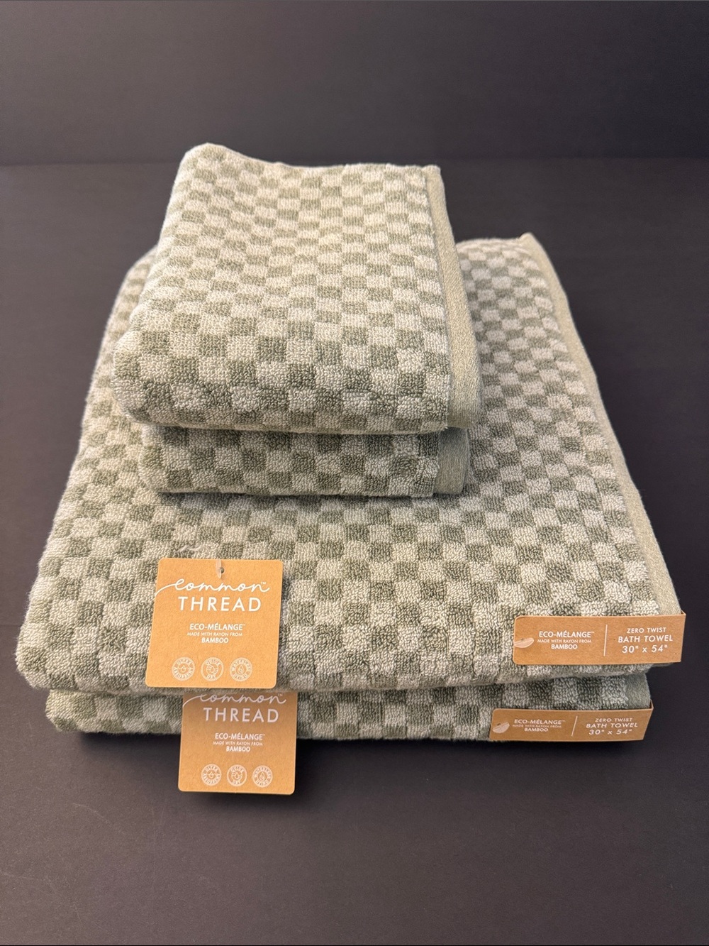 4pc COMMON THREAD Eco-Melange Bamboo Checkered Bath Towel Set - Seaweed
